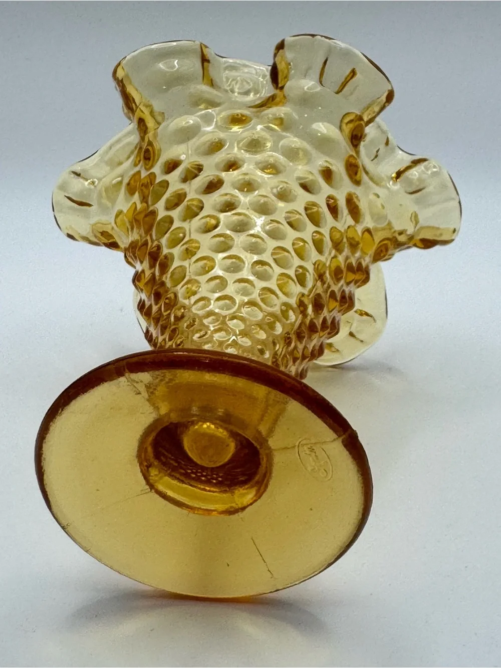 Vintage Fenton Amber Hobnail Mini Ruffled Vase Crimped Rim USA